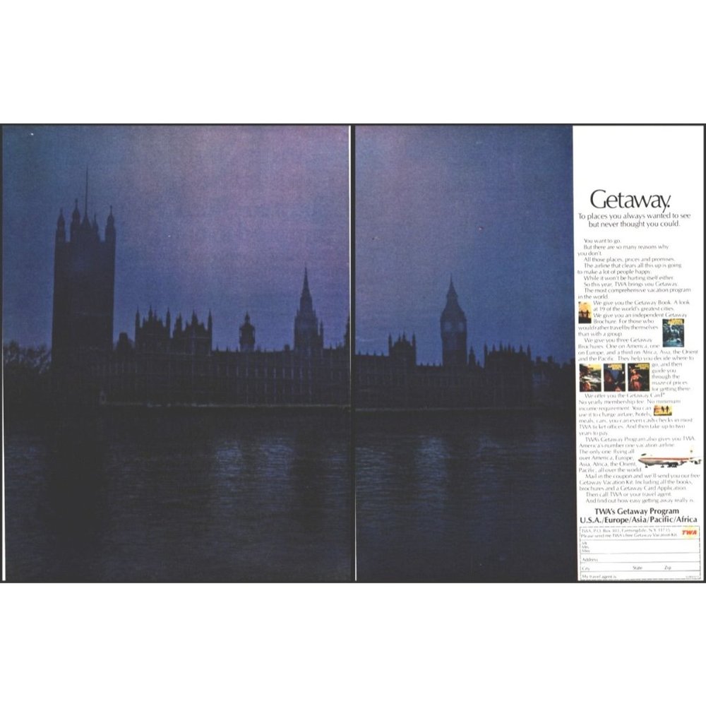 1971 TWA Airlines Getaway 2 Page Vintage Print Ad London Thames River Wall Art